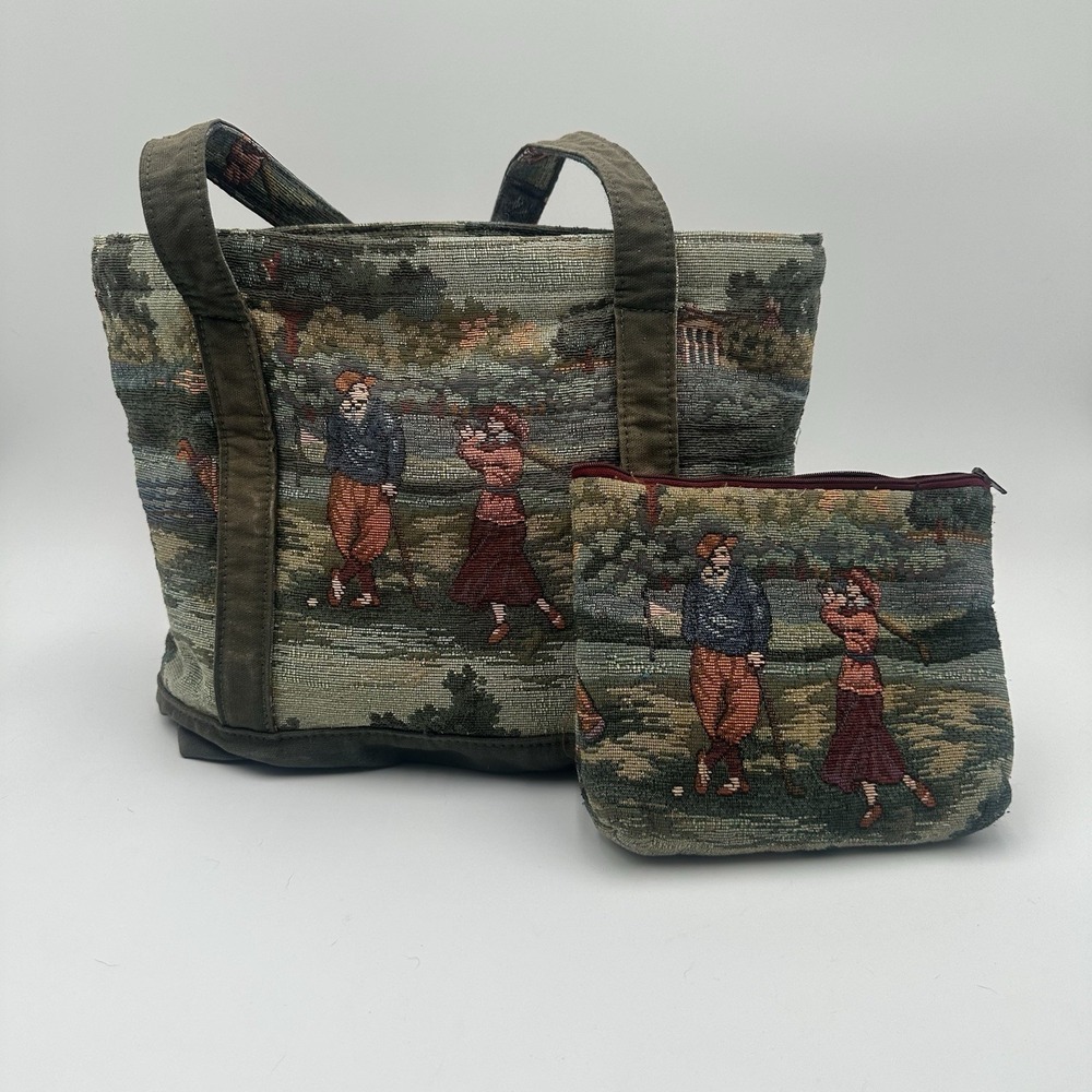 Vintage Hollings Fine Accessories Golf Tapestry Tote Bag & Matching Pouch